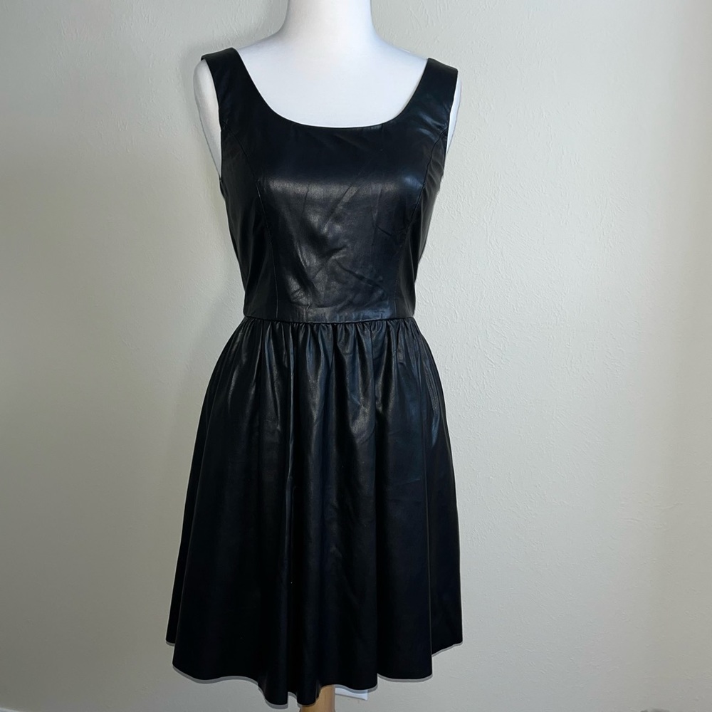 Faux Leather Black Midi Fit and Flare Dress